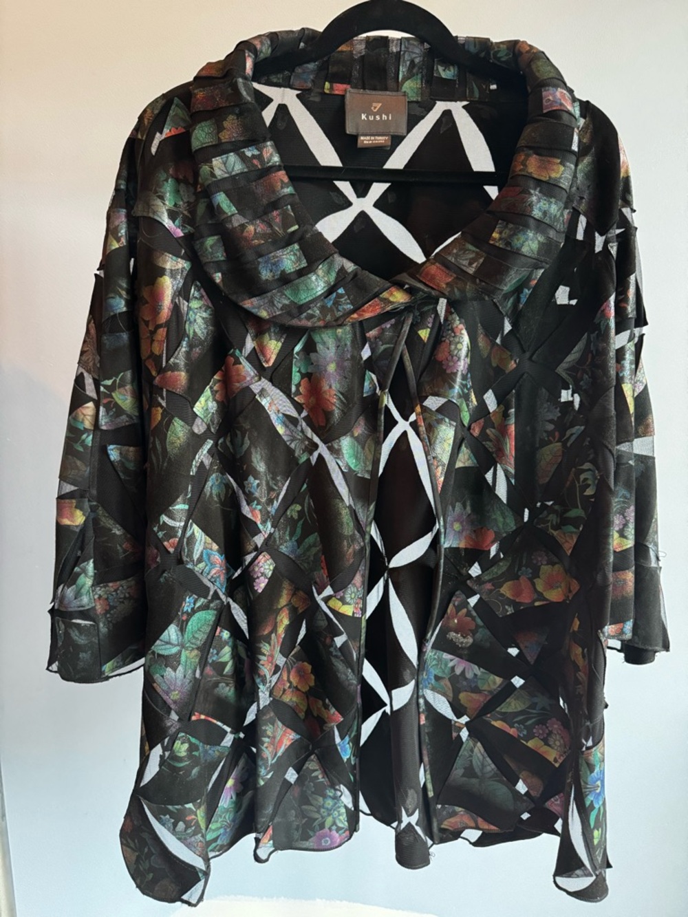 Kushi Floral Mosaic Open Jacket in Black tulle-leather with  Iridescent Accents